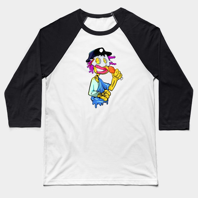 Dope Slluks character mask man eating a chicken leg illustration Baseball T-Shirt by slluks_shop